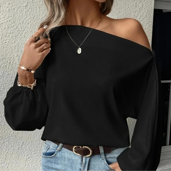 Black Preppy Womens Solid Asymmetrical Neck Lantern Sleeve Blouse - Picture 4 of 5